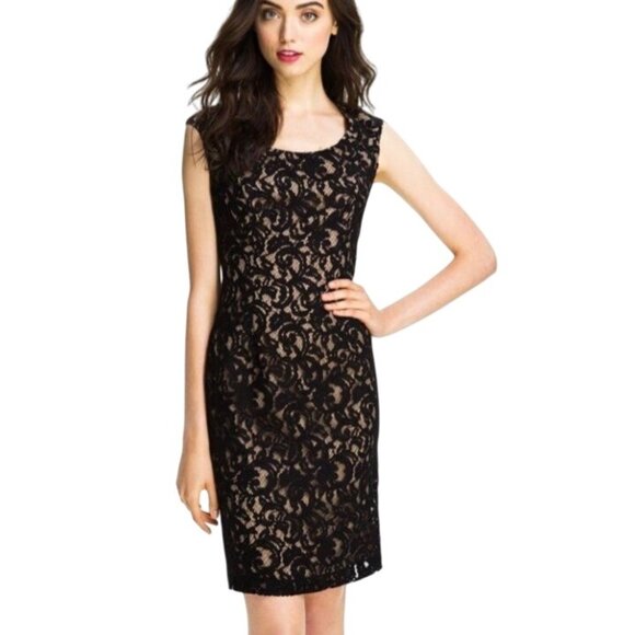 Adrianna Papell Embroidered Lace Overlay Sheath Dress Size 10 Black & Gold/Nude - Picture 2 of 14